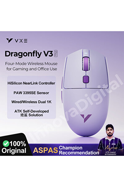 Choice3 فأرة ألعاب لاسلكية V3 Pro Purple ATK VXE Dragonfly V3 Pro بأربعة أوضا...