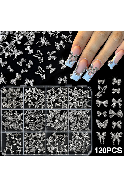 Choice 2 120Pcs/Box 3D Silver Exquisite Bowknot Nail Charms Simple Alloy Ribb...