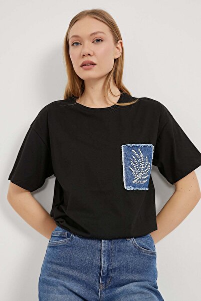 Arma Life Γυναικείο Μαύρο Φαρδύ T-Shirt με Πέτρες και Πέρλες τζιν τσέπη