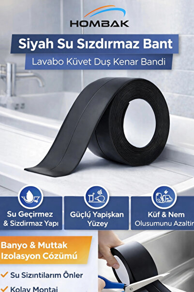 Hombak Siyah Su Sızdırmaz Geçirmez Bant Lavabo Küvet Kenar Bandı Küvet Duş Bandı