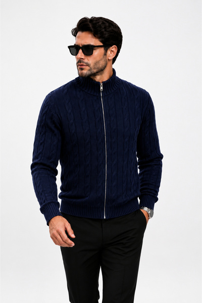 H&E LUXURY DESIGN Men's Hair Knit Patterned Jacket with Zipper Detail