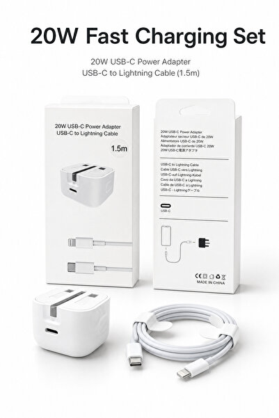 Generic Brand طقم شاحن سريع USB‑C PD بقوة 20 واط، قابس بريطاني، كابل USB‑C إل...