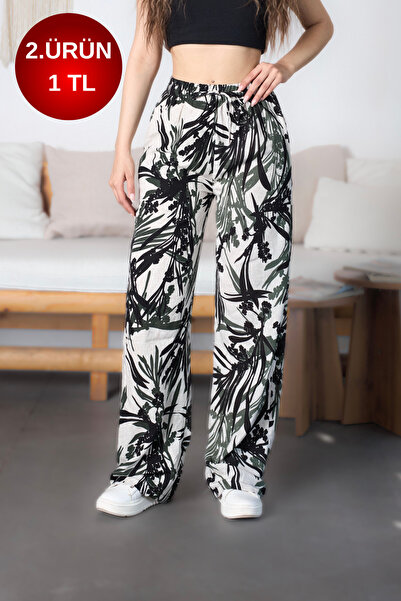 BİKELİFE Women's High Waist Leaf Patterned Loose Cut Elastic Waist Fabric Tro...