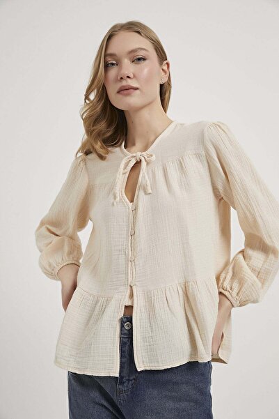 Arma Life Armalife 0437 tie detail sleeve elastic buttoned muslin women's blouse