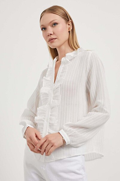 Arma Life Women's See-Through Ruffle V-Neck Summer White Blouse