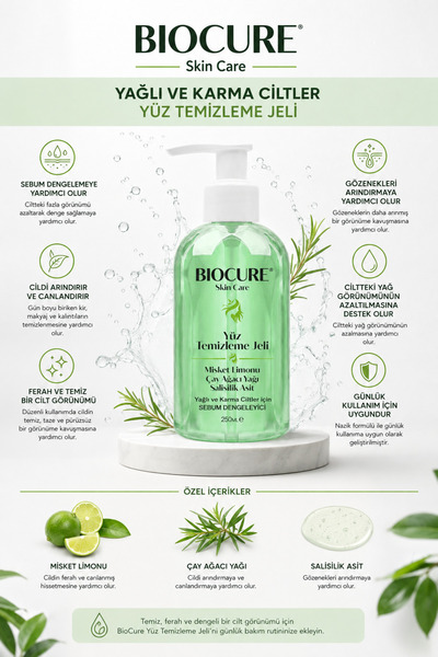 Biocure Yüz Temizleme Jeli Karma ve Yağlı Ciltler için Derinlemesine Temizleyici Salisilik Asit 250ml