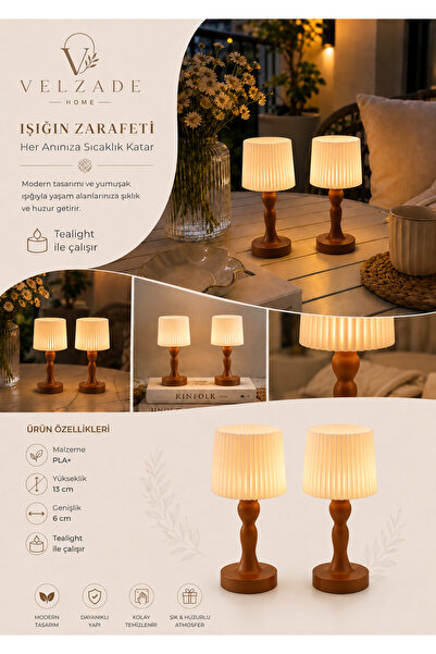 Velzade Home 2'li Dekoratif Tealight Masa Lambası Seti - Tealight HEDİYE - 13 cm