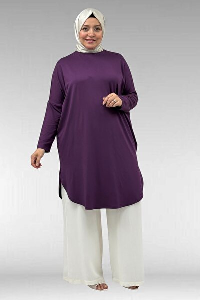 Eslina 38110 Large Size Low Sleeve Combed Cotton Tunic - Plum