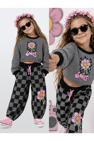 Denokids Kız Çocuk Eşofman Takım Crop Sweatshirt - Damalı Bol Eşofman Altı Ov...