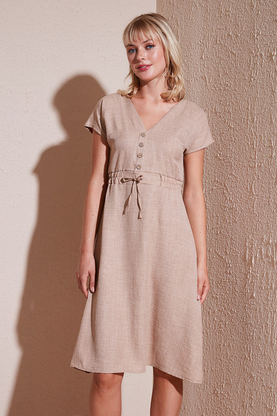 Lela Önü Düğmeli V Yaka Regular Fit Kısa Kollu Midi Elbise ELBİSE 5865747