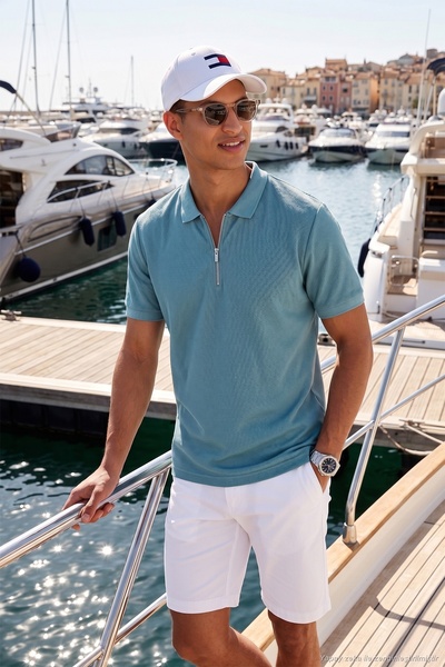 Buratti Tricou cu guler polo, cu fermoar, din bumbac, pentru bărbați, tricou ...