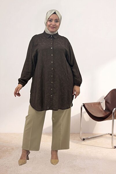 Eslina 68048 Plus Size Jacquard Strawberry Shirt with Elastic Sleeves - Brown
