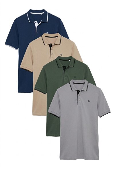 Buratti Cotton Regular Fit Stripe Detailed Buttoned Polo Collar 4-Pack t Shir...