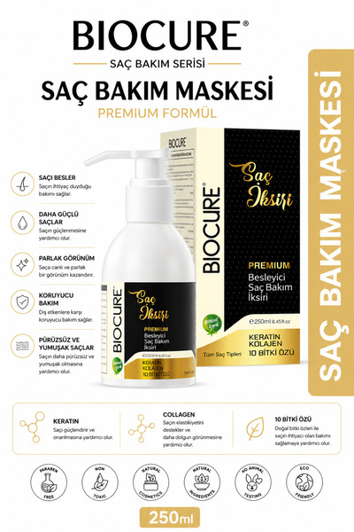 Biocure Premium Besleyici Saç Bakım Maskesi Keratin Collagen 10 Bitki Özlü Saç Iksiri 250ml.