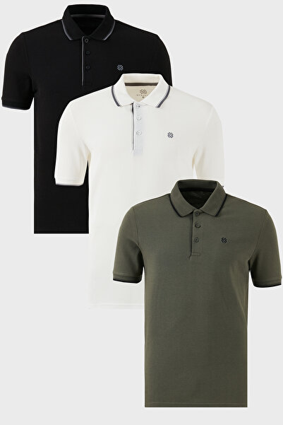 Buratti Cotton Regular Fit Stripe Detailed Buttoned Polo Collar 3-Pack t Shir...