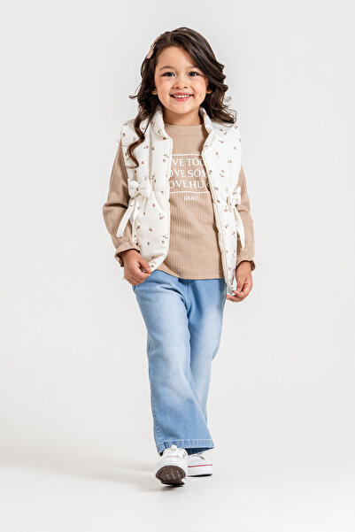 Jikko Baby Girl's Floral Patterned Bow Detailed Puffy Vest Blouse and Wide Le...