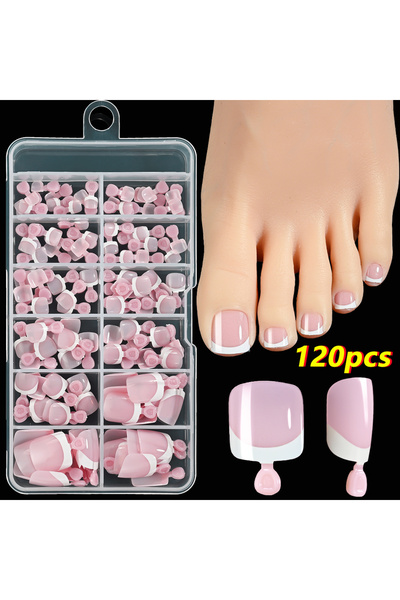 Choice Toe 120Pcs Pink French Short Square Fake Nails 12-Sizes Full Cover Pre...