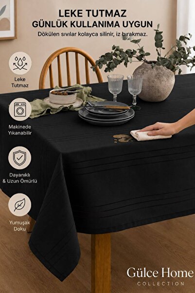 Gülce Home Collection Linen Fabric Striped Tablecloth Black