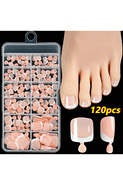 Choice Toe 120Pcs Pink French Short Square Fake Nails 12-Sizes Full Cover Pre...