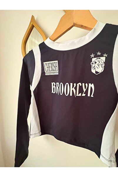 galaxy boutique Navy Blue Brooklyn Long Sleeve Crop with White Stripe Detail