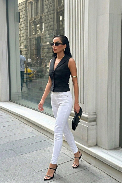 HLT JEANS Дамски бели супер вталени еластични дънки с висока талия от ликра J...