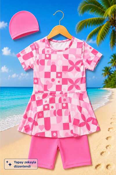 My Kids Wear Girl's Patterned Shorts and Bonnet Swimsuit Set 12874