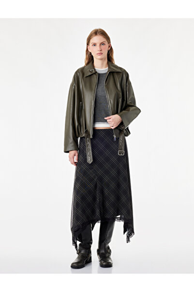 Koton Regular Fit Asymmetrical Cut Lace Detailed Midi Tulle Plaid Skirt