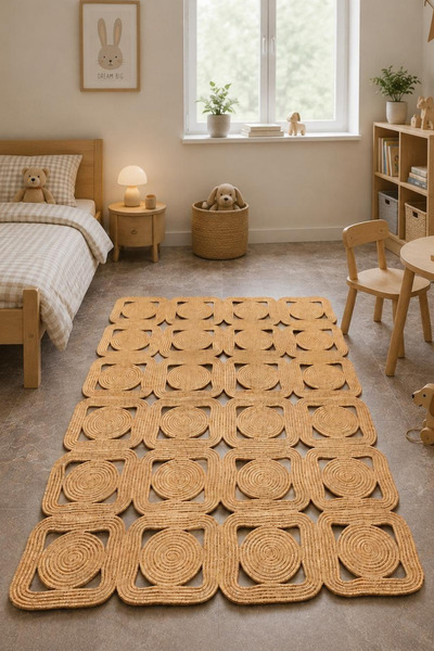 Colore Home Bej Hasır Jüt Desenli Kilim Bohem Halı El Örgüsü Paspas