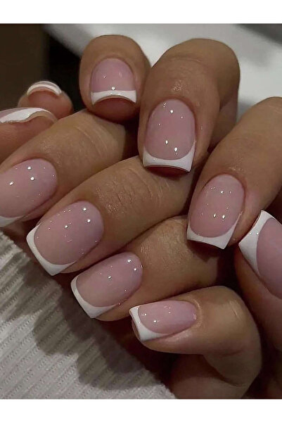 Choice Light Blue 24pcs Long Almond Fake Nails White French Press on Nails Si...