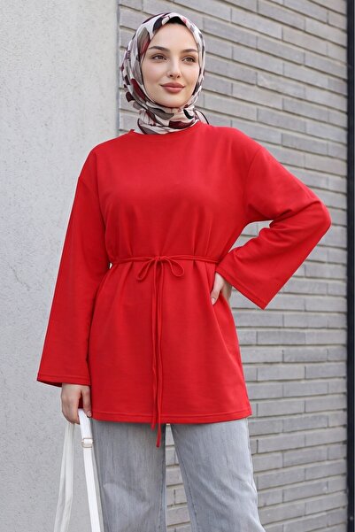Modamorfo Round Neck Tie-Waist Combed Cotton Tunic -Red