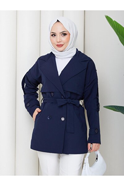 sinemkivanc co Mock Neck Belted Short Trench Coat