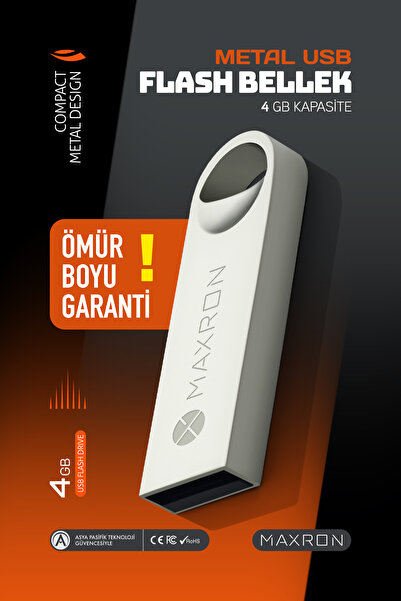 Maxron 4 GB Flash Bellek Metal Gövde Ömür Boyu Garantili Güvenli Usb Bellek D...