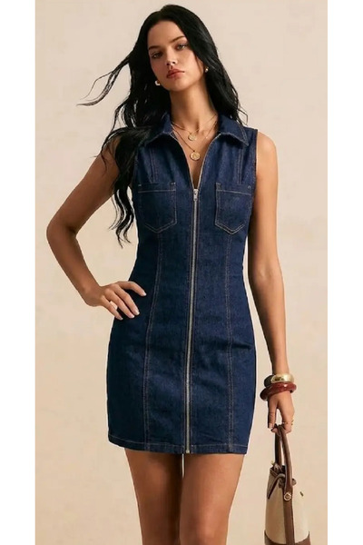 BORCKA TEKSTİL Women's Summer Casual Denim Dress, Front Zipper
