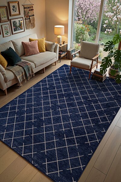 Cotto Home Malta MLT01N Lacivert Dekoratif Şönil Kilim Geometrik Desen Yıkana...