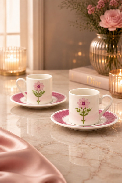 YzHome 2 Kişilik Porselen Mor Papatya Desenli Kahve Fincan Takımı Seti 90ml