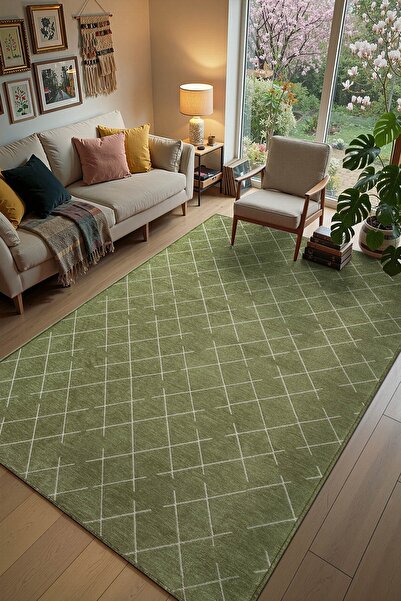 Cotto Home Malta MLT01Y Yeşil Dekoratif Şönil Kilim Geometrik Desen Yıkanabil...