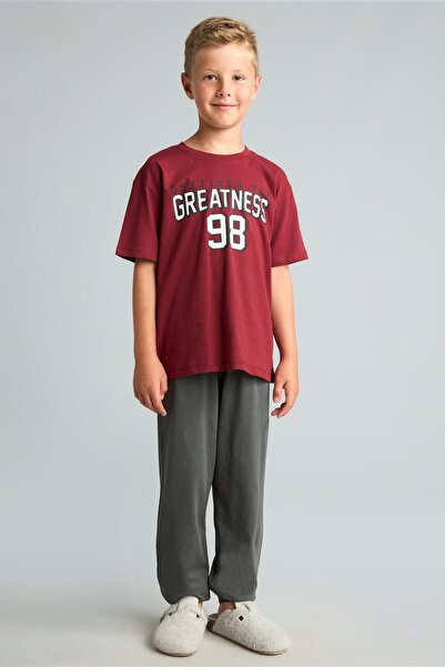 DeFacto Regular Fit 2-Piece Short Sleeve Printed Claret Red Pajama Set for Bo...