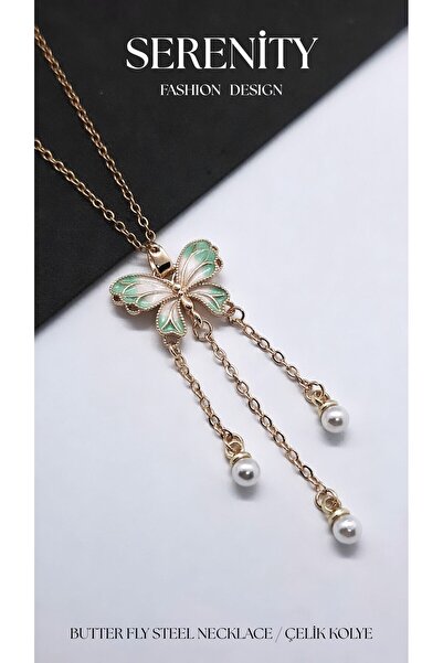 Serenity Green White Enamel Pearl Butterfly Steel Necklace