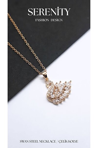 Serenity White Zircon Stone Swan Steel Necklace