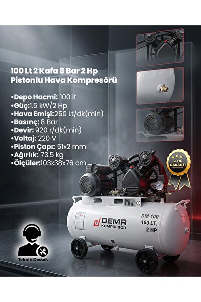 Demr Kompresör Hava Kompresörü Pistonlu 100 Lt 2 Kafa 8 Bar 2 Hp IDM100