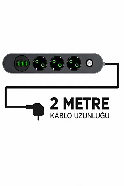 Arfseb Akım Korumalı 3'lü Grup Priz 3 USB Şarj Girişli Anahtarlı 2500W 2 Metre Uzatma Kablosu