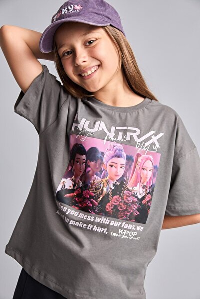 DeFacto 100% Cotton Kpop - Demon Hunters Licensed Crew Neck Short Sleeve Gray...