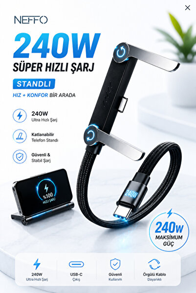 NEFFO 240W Ultra Hızlı Type-C Şarj Data Kablosu Katlanabilir Standlı Ergonomik Tasarım 1.5M Örgülü