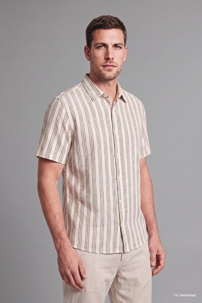 DeFacto Regular Fit Polo Collar Combed Cotton Short Sleeve Striped Shirt H458...