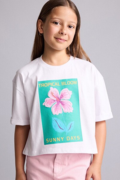 DeFacto 100% Cotton Crew Neck Floral Printed Short Sleeve White T-Shirt Girls...