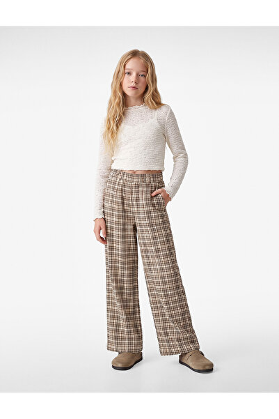 Koton High Waist Elastic Waist Plaid Wide Leg Pants