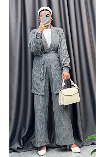NİSUM MODA Seersucker Textured Belted Cardigan and Pants Double Set