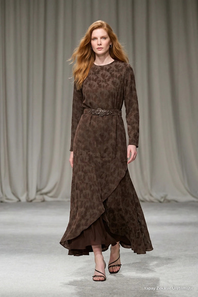 Zühre Patterned Belted Layered Coffee Dress 0554