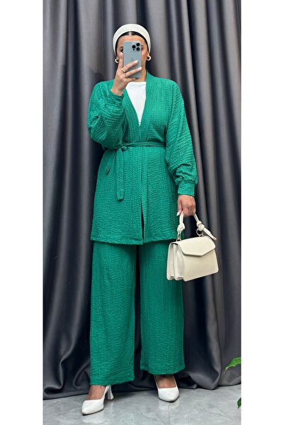 NİSUM MODA Seersucker Textured Belted Cardigan and Pants Double Set