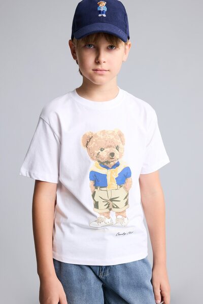 DeFacto Overshirt Fit Crew Neck Teddy Bear Printed Short Sleeve T-Shirt for B...